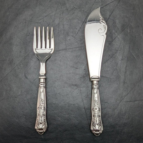 1936 British vintage sterling silver handle cutlery 6x2 & server set in wooden box